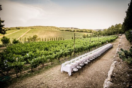 Long event table in the Tuscan countryside